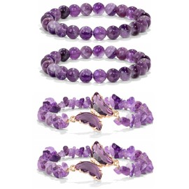 Kasoud Amethyst Beaded Bracelets, 4PCS Butterfly Charms Stone Bracelet, Butterfly Layered Bracele Healing, Crystal Bracelet, Beaded Bracelets for Women, Butterfly Bracelet, Amethyst Bracelet for Women