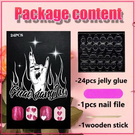 Valentine's Day Press on Nails Square Short - 24Pcs Rose Red Glitter Heart Fake Nails with White Polka Dot Heart Designs Coffin Full Cover False Nails Nude Acrylic Glue on Nails for Women Girls