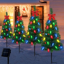 Sumfox 4 Pcs 37In Solar Xmas Tree Lights Solar Outdoor Xmas Tree with Waterproof 80 Lights Christmas Solar Lights Christmas Outdoor Light for Decor Garden Yard Pathway