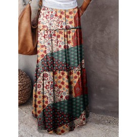 EARKOHA Womens Casual High Waist Tie Paisley Print Long Maxi Skirt with Pockets Vintage Boho M