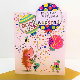 Rachel Ellen Good Luck On Your First Day Nursery Card - Hedgehog Balloons Birds