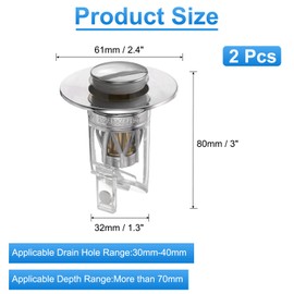 sourcing map 2 Pcs Bathroom Sink Stopper with Seal Ring Push Type Sink Drain Strainer with ABS Filter Basket Hair Catcher Fit for 1.2"-1.6" Dia 2.8" Depth Sink Drain Hole, Silver