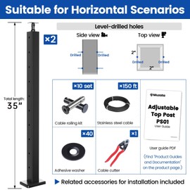 Muzata 5ft-10ft Complete Set 36" Cable Railing Post Kit Include 2Pack Black Posts PS01, 150ft Wire Rope, Swageless Cable Railing System DIY Kit (No Handrail) RWS1 BH4S