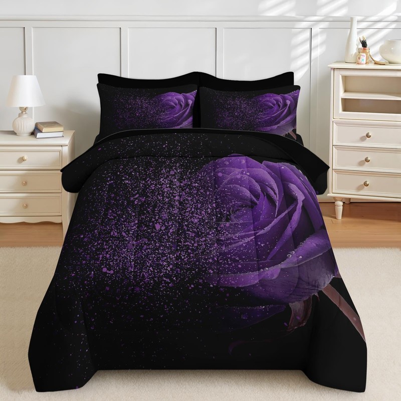 Nesker Comforter Set King Size, Purple Rose 7 Pcs Bedding