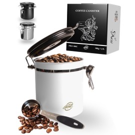 Pro@Home43® - Coffee Canister Airtight 500 g - White - Coffee Bean Storage Container 1.5 L Made of Stainless Steel with Calendar Function, Includes Dosing Spoon, Delivered in Gift Box