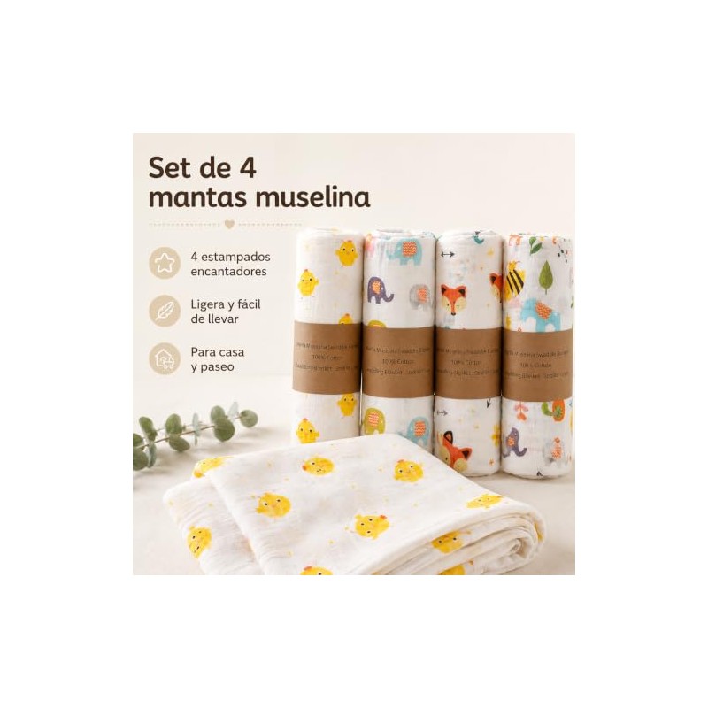 Manta Receptora para Bebé, Set de 4 Muselina de Algodón