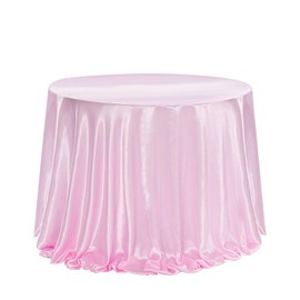 Round Tablecloth 228 x 228 cm Satin Tablecloth DIY Washable with Bow and Beads Tablecloth for Wedding, Party, Christmas, Banquet, Birthday Pink