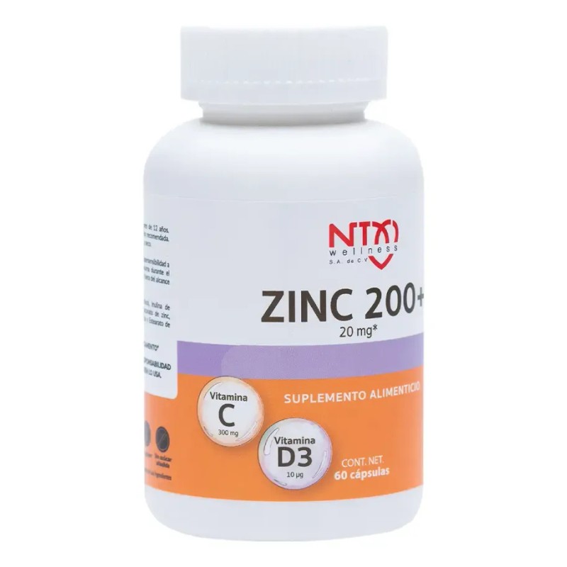 Zinc 200 + Vitaminas C Y D3 60 Cáps. Suplemento
