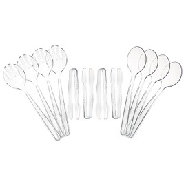 Set of 12 Heavy Duty Disposable Plastic Serving Utensils! Four 10” Spoons and Forks, Four 6-1/2” Tongs! Clear Serving Sets Perfect for Parties, Events, BBQ's and More!