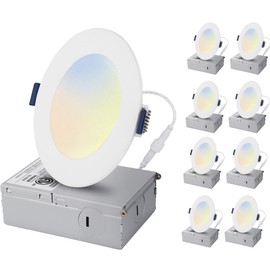 KastLite 5CCT LED Recessed Dimmable Ceiling Light with Junction Box | Ultra Slim Canless Downlight | 2700K-5000K Selectable | 1000 Lumens | 12W, 75-Watt Equivalent | Energy Star, Wet Rated | 8 Pack