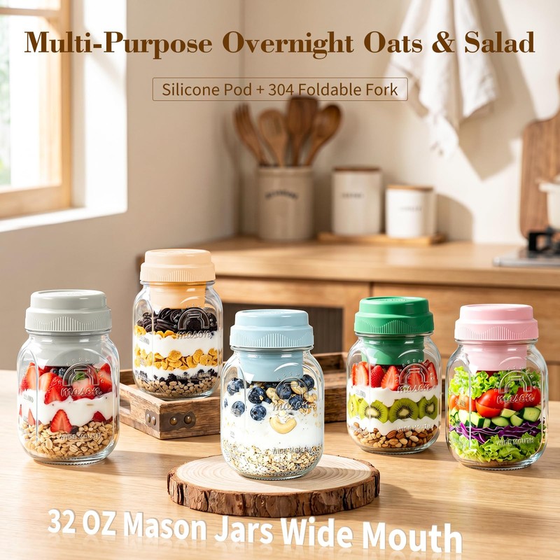Syntic 32 Oz Glass Overnight Oats Container with Silicone Divider
