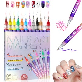12 Colors Nail Art Pens Set with 0.5mm Fine Tip, Waterproof & Quick-Drying Nail Art Pens for Painting Nails, DIY 3D Doodle Design, Portable Nail Polish Pens Tool