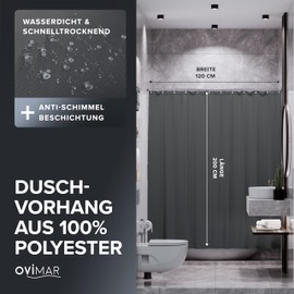 ovimar Elgafossen Magnetic Shower Curtain, Grey, Washable, Quick-Drying, Anti-Mould Shower Curtain, 120 x 200 cm, Opaque Curtain for Bath or Shower