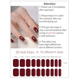 Tiras de uñas de gel semicuradas | 20 pegatinas de uñas de gel de color burdeos UV | Envolturas de uñas de gel semicuradas de color rojo vino para uñas en el hogar DIY
