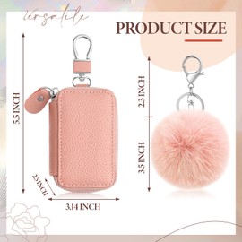 Abbylike Car Keychain Set Leather Car KeyChain Holder Metal Hook Keyring Key Pouch with Pom Pom for Auto Remote Key Fob (Pink)