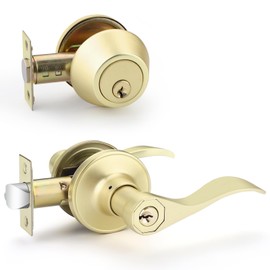 EHOMEWARE Door Handleset with Single Cylinder Deadbolt 2 Pack, Entry Lever Door Handle and Deadbolt Lock and Key Combo Pack - Wave Style Locking Lever Set for Left or Right-Handed Doors