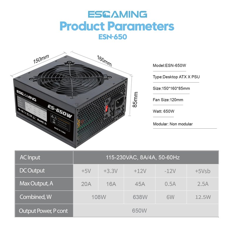ESGAMING 650W PSU - Non-Modular ATX Power Supply with Auto-Thermally