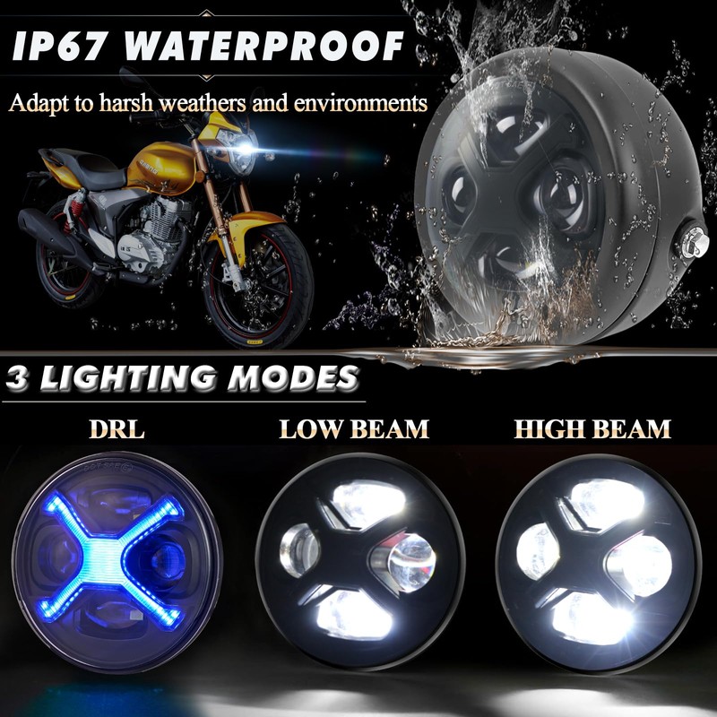 Motorcycle 5-3/4 5.75" LED Headlight with Housing Bucket Smoke X-Style