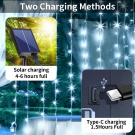 Upgraded Solar Curtain Lights, 300 LED Outdoor Waterproof Solar Powered Waterfall String Lights for Patio Gazebo Backdrop Garden with USB Rechargeable Remote Hanging Twinkle Curtain Fairy Lights