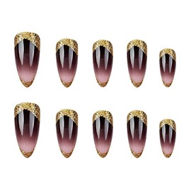 QQPPOLIU Medium Press on Nails Almond Shape with Glitter Design Ombre Stick on Nails Black Fake Nails for Women and Girls 24pcs