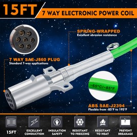 Dazakoot 7 Way ABS Trailer Cord, 15FT Straight 7 Way ABS Coiled, Heavy Duty Electric Power Cable, Trailer Cord Power Wire for Semi Trucks Tractors Trailors - Green Line