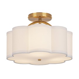 CALOKES Semi Flush Mount Ceiling Light, 11.8" Modern 3-Light Fixture with Petal-Shaped Cream White Fabric Shade and Golden Support Arm, Ideal for Bedroom, Kitchen, Living Room, Hallway, and Entryway