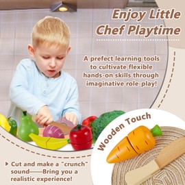 HERSITY Wooden Play Food Toys for Kids Kitchen Pretend Play Set Cutting Fruit and Veg Toys Toddlers Early Learning Gifts for 18 Months 2 3 4 Year Old Boy Girls Childrens