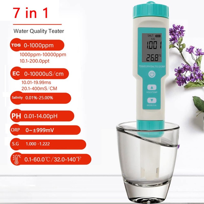 Areyourshop 7 in 1 PH Meter PH/TDS/Temp/EC/Salinity/SG/ORP Meter Digital, pH