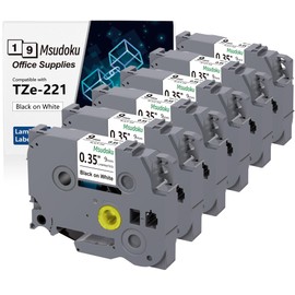 6 x Msudoku TZe-221 Compatible with Brother P Touch Tapes 9 mm 0.35 TZe221 TZ-221 White Label Tape Compatible with PTD210 PTD220 PTD600 PT-D410, 9 mm x 8 m