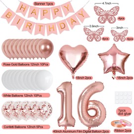 16th Birthday Decorations for Girls, Rose Gold 40 Inch Number 16 Foil Birthday Balloons with Happy Birthday Banner and Butterfly Stickers