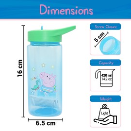 George Pig Kids Water Bottle with Straw, 420 ml, BPA Free, Leak-Proof, Sports Bottle for Kids Aged 6 Months, Blue Square Plastic Water Bottle for Gym, Fitness and