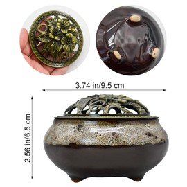 MrMrKura Ceramic Incense Burner with Lid, Incense Holder for Sticks Incense Cone Holder with Brass Incense Stick Holder for Yoga Meditation Home Decor (Fambe Grey)