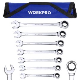 Workpro 8mm-17mm Ratcheting Combination Wrench Set 7PC Combo Wrench Metric Roll Up Pouch