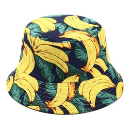 Joylife Fruit Print Bucket Hat Banana Pattern Fisherman Hats Summer Reversible Packable Cap, Banana Navy