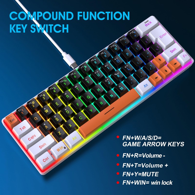 Snpurdiri 60 Percent Wired Gaming Keyboard, RGB Backlit Mini Gaming