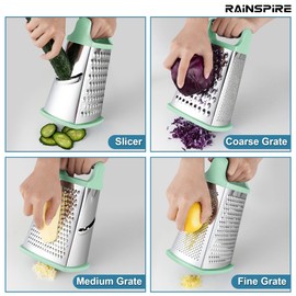 Rainspire Professional Box Grater, Cheese Grater Box for Kitchen Stainless Steel with 4 Sides, Cheese and Spice Graters with Handle for Vegetables, Ginger, Potatoes, Mint