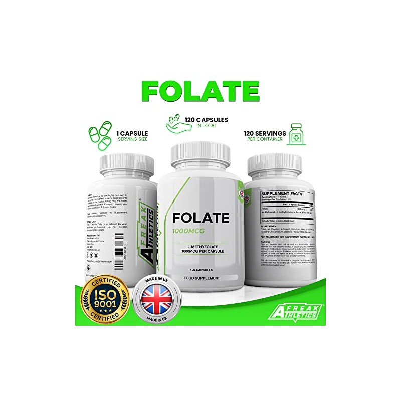 Folate 1000mcg (L-Methylfolate) 120 Capsules, 5-MTHF Active Form of Folic