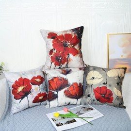 QUALKNOY Set of 4 Cushion Covers 18"x18" Red Flower Linen Modern Art Decorative Throw Pillow cases 45 x 45cm for Living Room Sofa Outdoor Pillowcases
