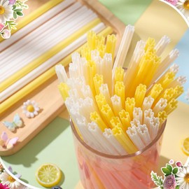 Potchen 50 Daisy Flower Shape Plastic Straws Disposable Drinking Straw Bulk for Spring Summer Beach Pool Party Groovy Party Supplies