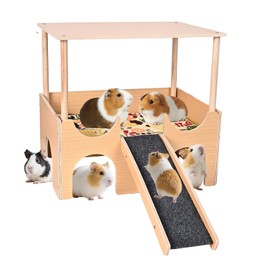 Large Wooden Guinea Pig Hideout, 2-Story Guinea Pig Castle with Non-Slip Stairs and Double-Sided Mat, Multi-Cave Design Small Animal House for Dwarf Hamsters, Sugar Gliders, Bunnny Habitat