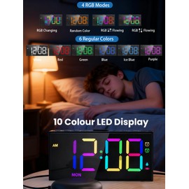 Roxicosly RGB Bed Shaker Alarm Clocks for Heavy Sleepers, Loud Vibrating Digital Clock with Dual Alarms,10 Colour, 7 Dimmers, 5 Volumes, USB Phone Charger, Week Display for Kids Teens Seniors
