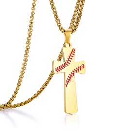 Rehoboth Baseball Stainless Steel Cross Pendant Necklace for Women or Men With 20+2" Adjustable Chain Gold Bible Verse on Back