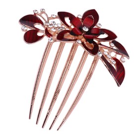 Lurrose Flower Bride Hair Side Comb Rhinestone Bridal Comb Barrette Wedding Hair Accessory for Women (Red)