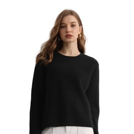 GreenMount Cashmere Sweaters for Women Essential Crewneck Ribbed Long Sleeve Pullover Sweater (Black)