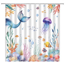 Ocean Coastal Shower Curtain Underwater Mermaid Jellyfish Tropical Fish Coral Ocean Animal Blue Fabric Curtain with Hooks for Bathroom Decor,70x70 Inch