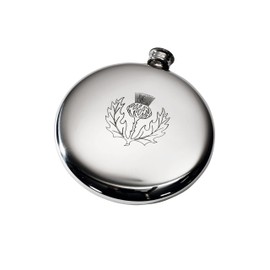 Wentworth Pewter -Thistle Stamp Polished Round Pewter Sporran Flask, 4oz Capacity (with Engraving)