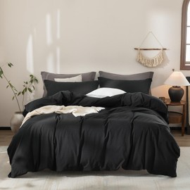 Warm Moment Black Duvet Cover Super Queen Size 100% Washed Cotton Bedding Set Cover 1 Duvet Cover with Zipper Closure and 2 Pillowcases, 98inch x 90inch