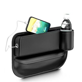 Car Seat Gap Filler Organizer, Car Seat Storage Box with Cup Holder, 2 in 1 Front Seat Car Leather Gap Bag, Car Accessories Interior in Between Seats for Phones Wallet Cards Keys Sunglasses (Black)