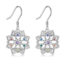 JERWLI Chakra Earrings 925 Sterling Silver Chakra Lotus Earrings Lotus Flower dangle Drop Earrings Yoga Jewelry Gift for Women