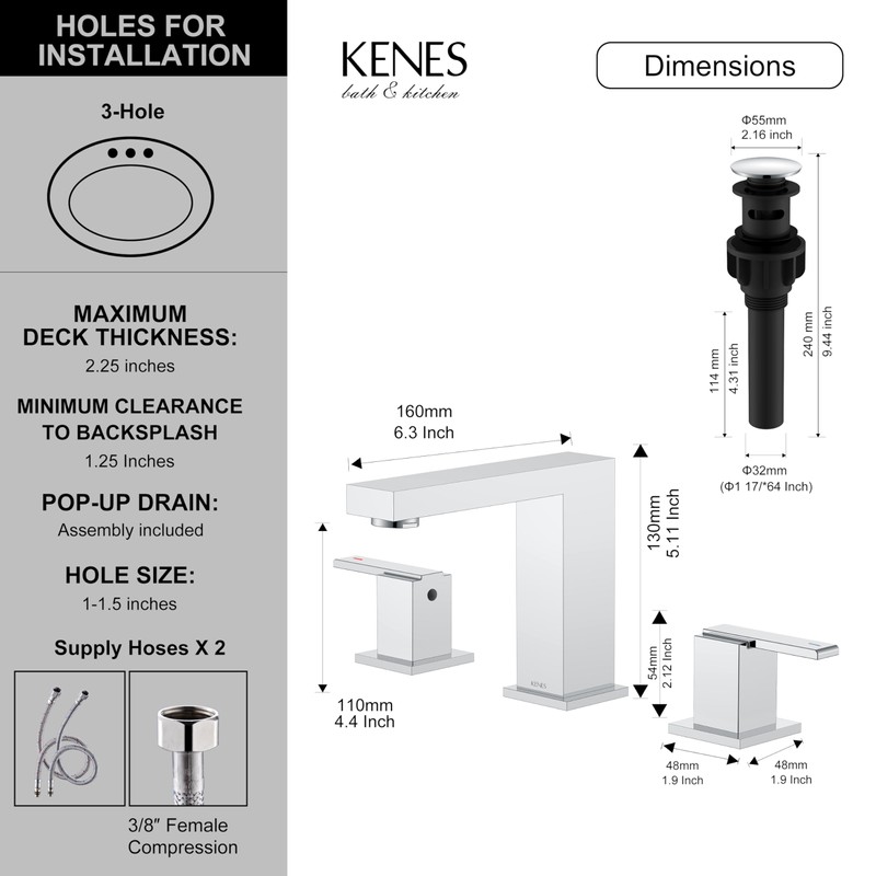 KENES Polished Chrome Widespread Bathroom Faucet 2 Handle Bathroom Sink